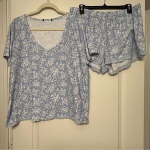 Women’s Soft Knit Floral Pajama Shorts Set Blue Lace Trim Lounge Sleep XL XXL